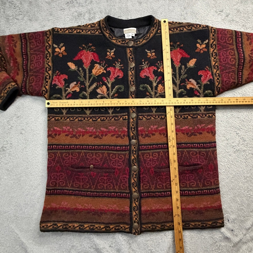 Coldwater Creek Floral Shetland Wool Lined Cardigan Sweater XL Red Black V#I326 - Picture 4 of 10